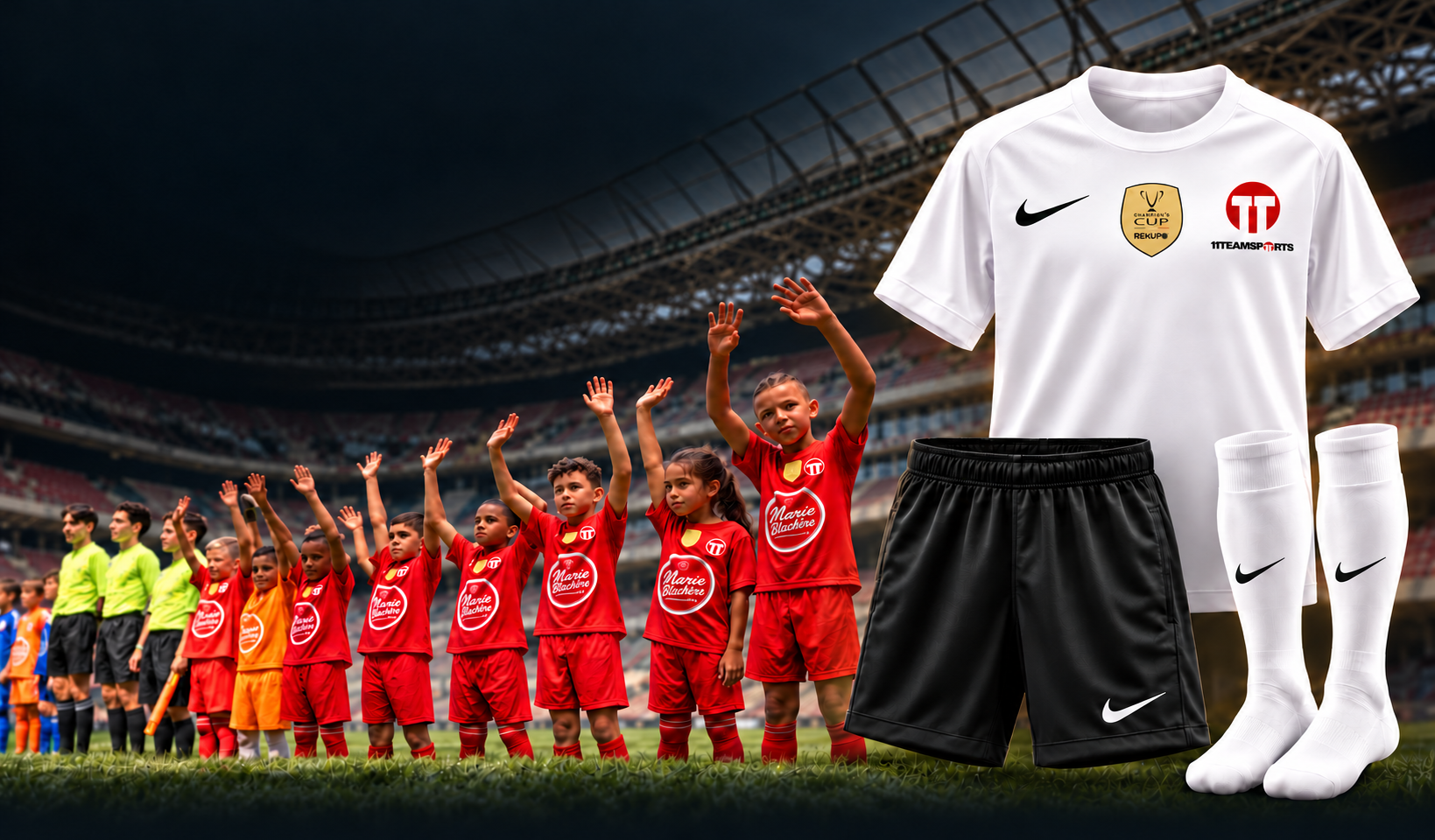 Les jeunes de la Champion’s Cup REKUPO et la tenue complète : maillot, short et chaussettes Nike.