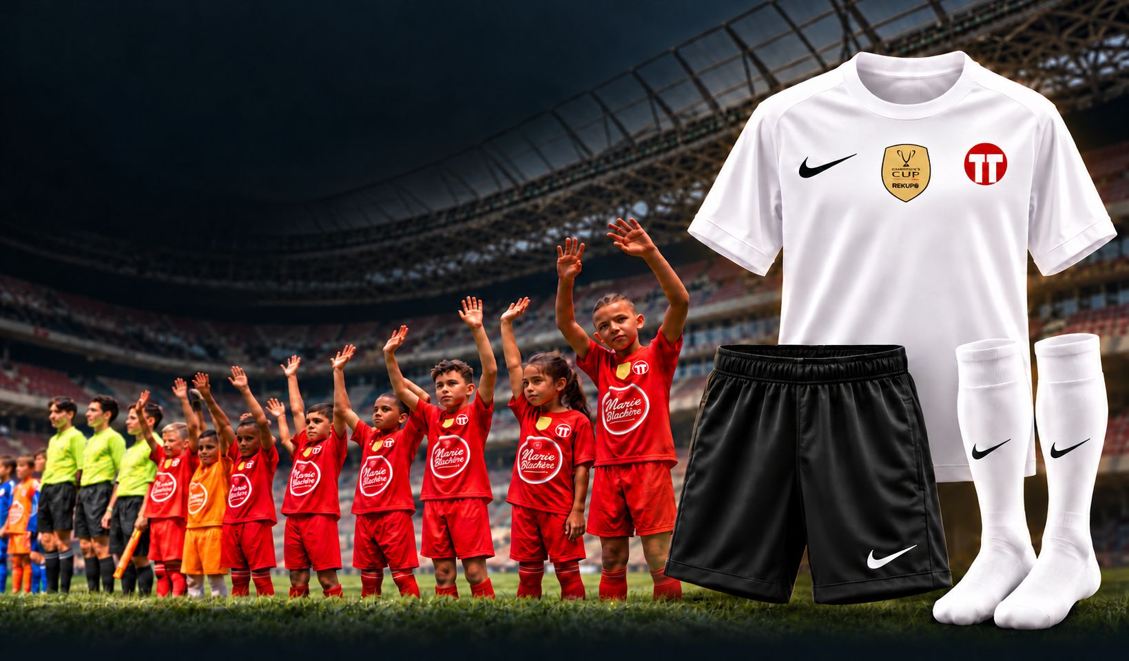 Les jeunes de la Champion’s Cup REKUPO et la tenue complète : maillot, short et chaussettes Nike.